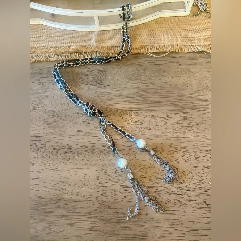 WHITE HOUSE BLACK MARKET Chain Ribbon Tassle Necklace | EUC | MSRP $149